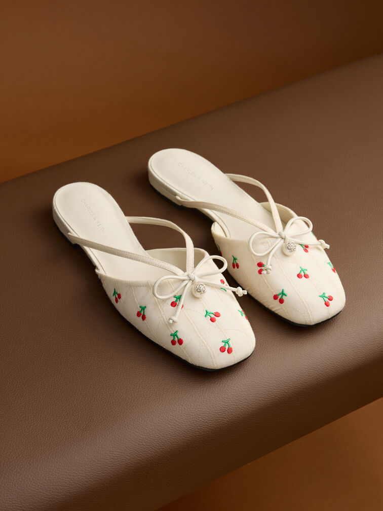 Cherry-Print Pearl-Accent Bow Flat Mules, Multi, hi-res
