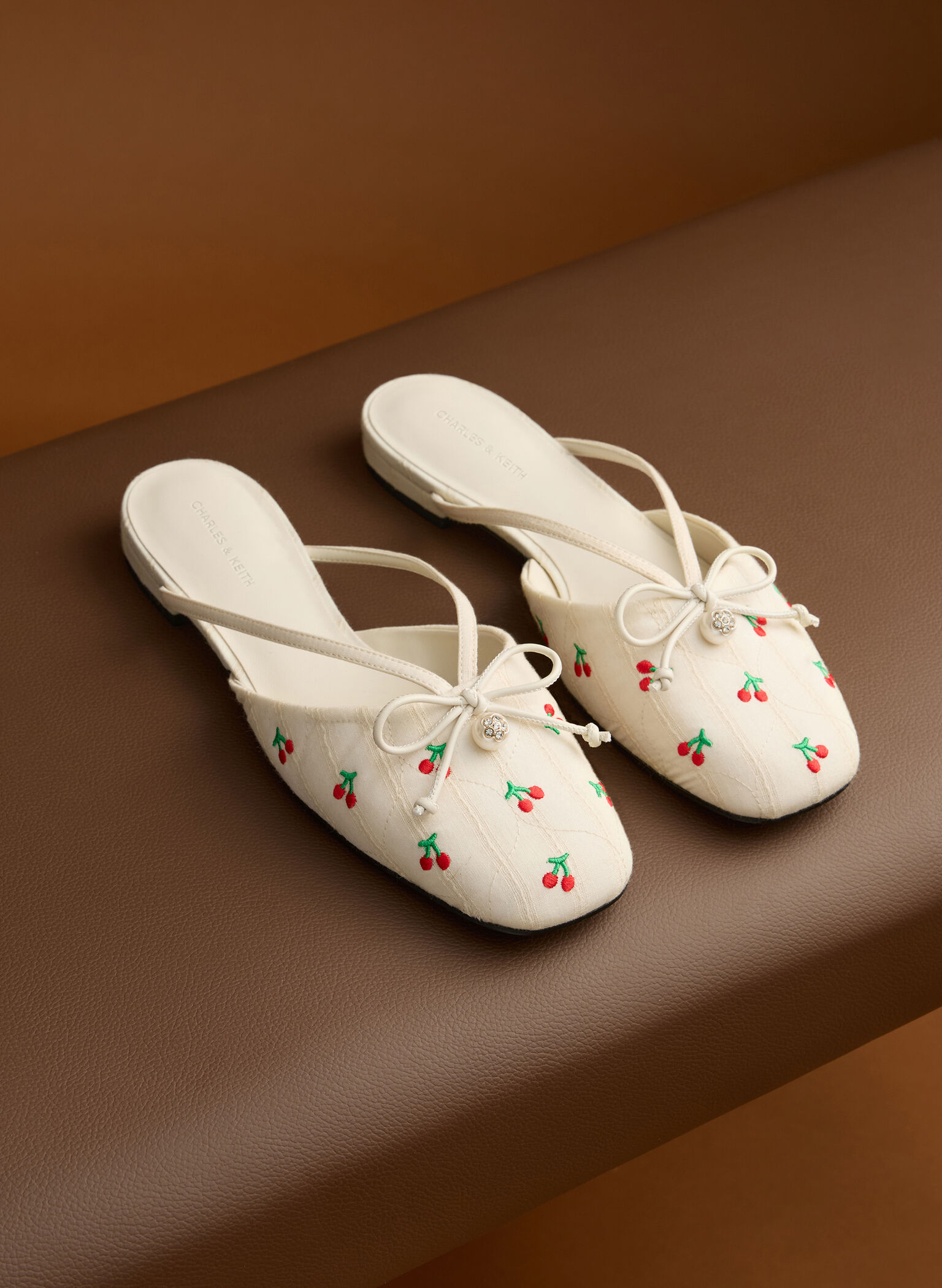 Cherry-Print Pearl-Accent Bow Flat Mules, Multi, hi-res