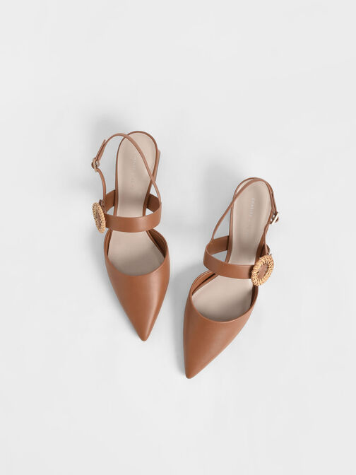 Woven Buckle Slingback Heeled Pumps, Caramel, hi-res