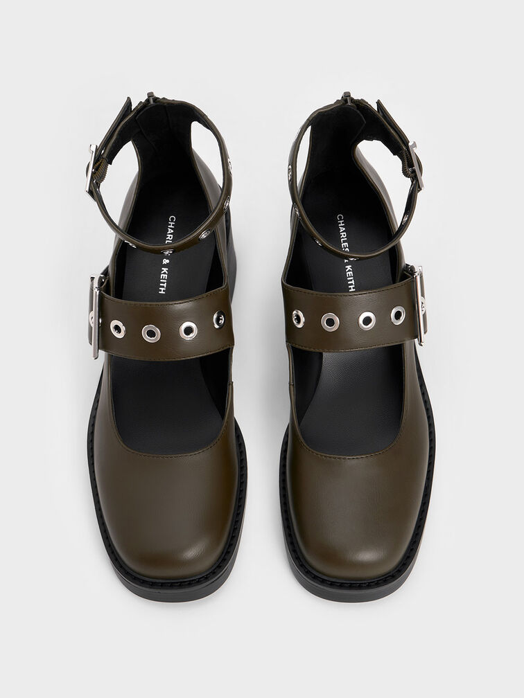 Grommet-Strap Mary Jane Pumps, Olive, hi-res