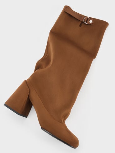 Robbie Faux Suede Side-Buckle Block-Heel Knee-High Boots, Brown, hi-res