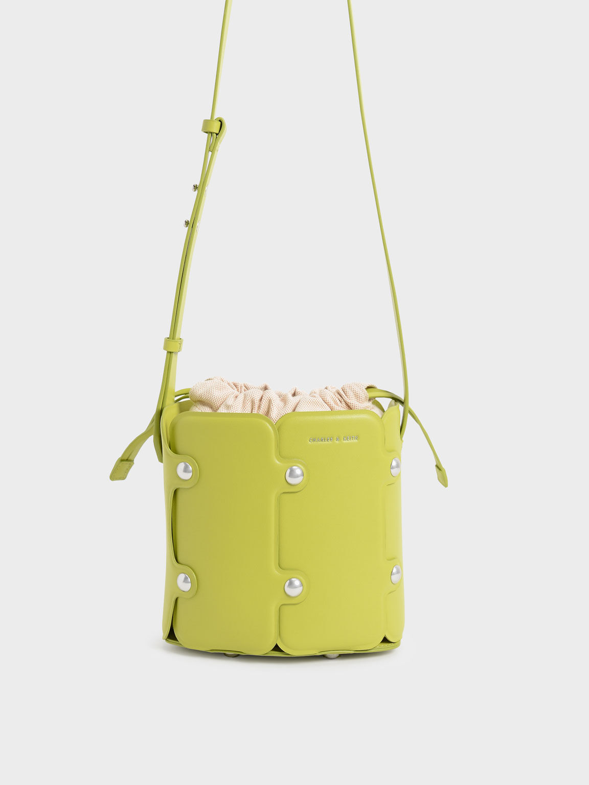 Studded Drawstring Bucket Bag, Lime, hi-res