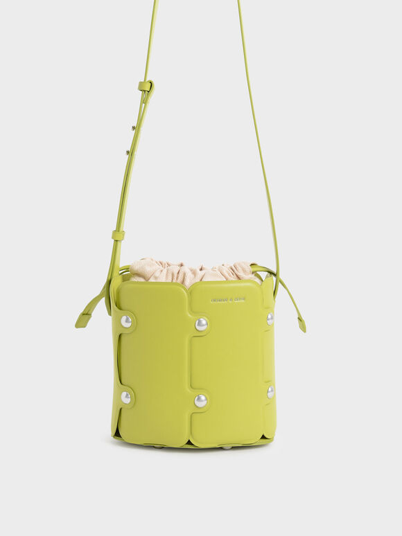 Studded Drawstring Bucket Bag, Lime, hi-res