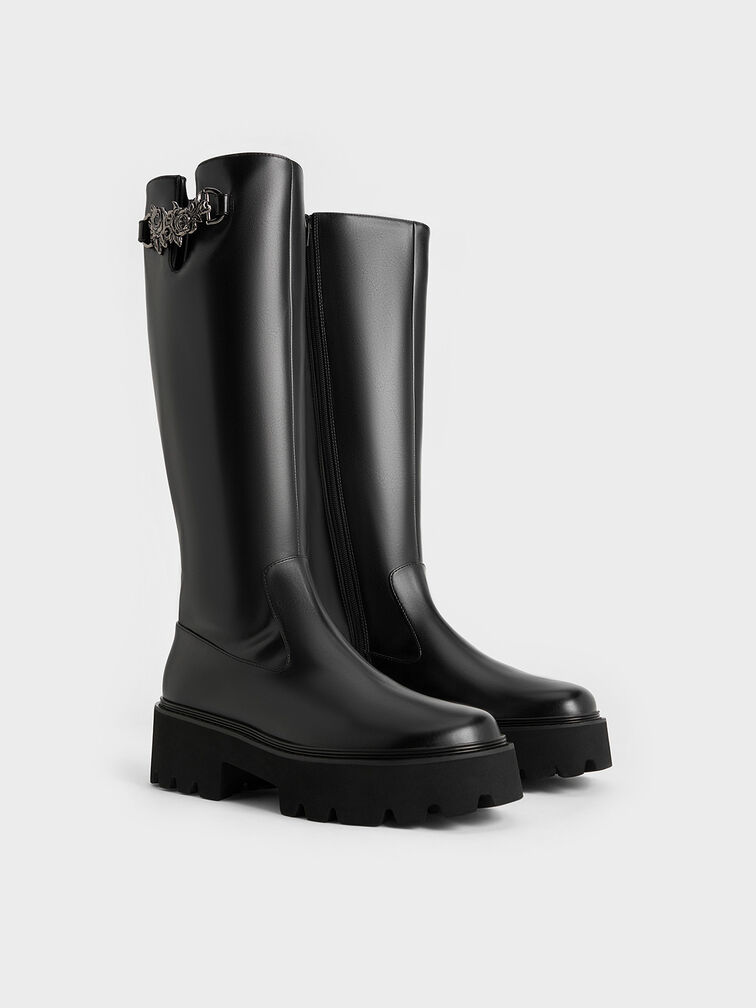 Imogen Rose-Motif Chunky Knee-High Boots, Black, hi-res