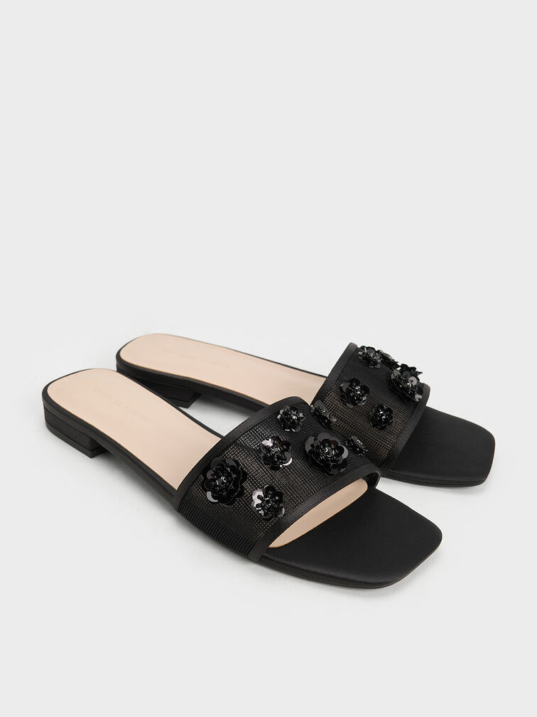 Mesh & Satin Sequin-Flower Slide Sandals, Black Textured, hi-res