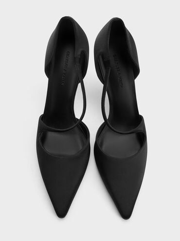 Satin Asymmetric-Strap D’Orsay Stiletto Pumps, Black Textured, hi-res