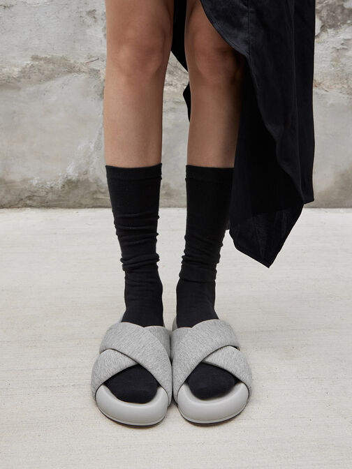 Lumi Textured Crossover-Strap Slide Sandals, Light Grey, hi-res