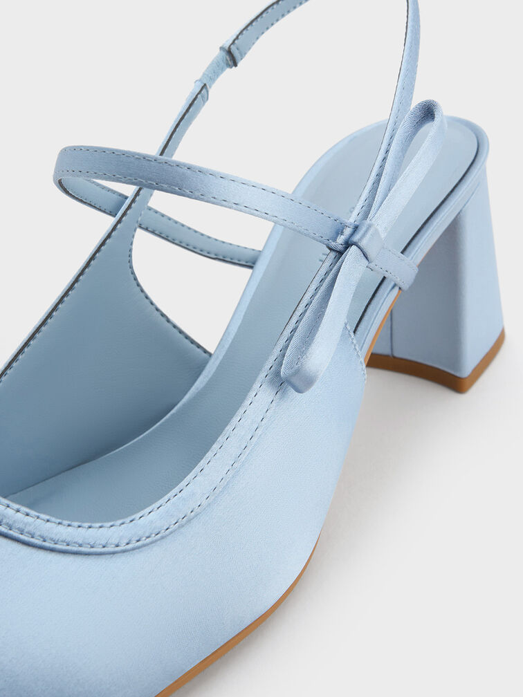 Satin Bow Slingback Mary Jane Pumps, Light Blue, hi-res