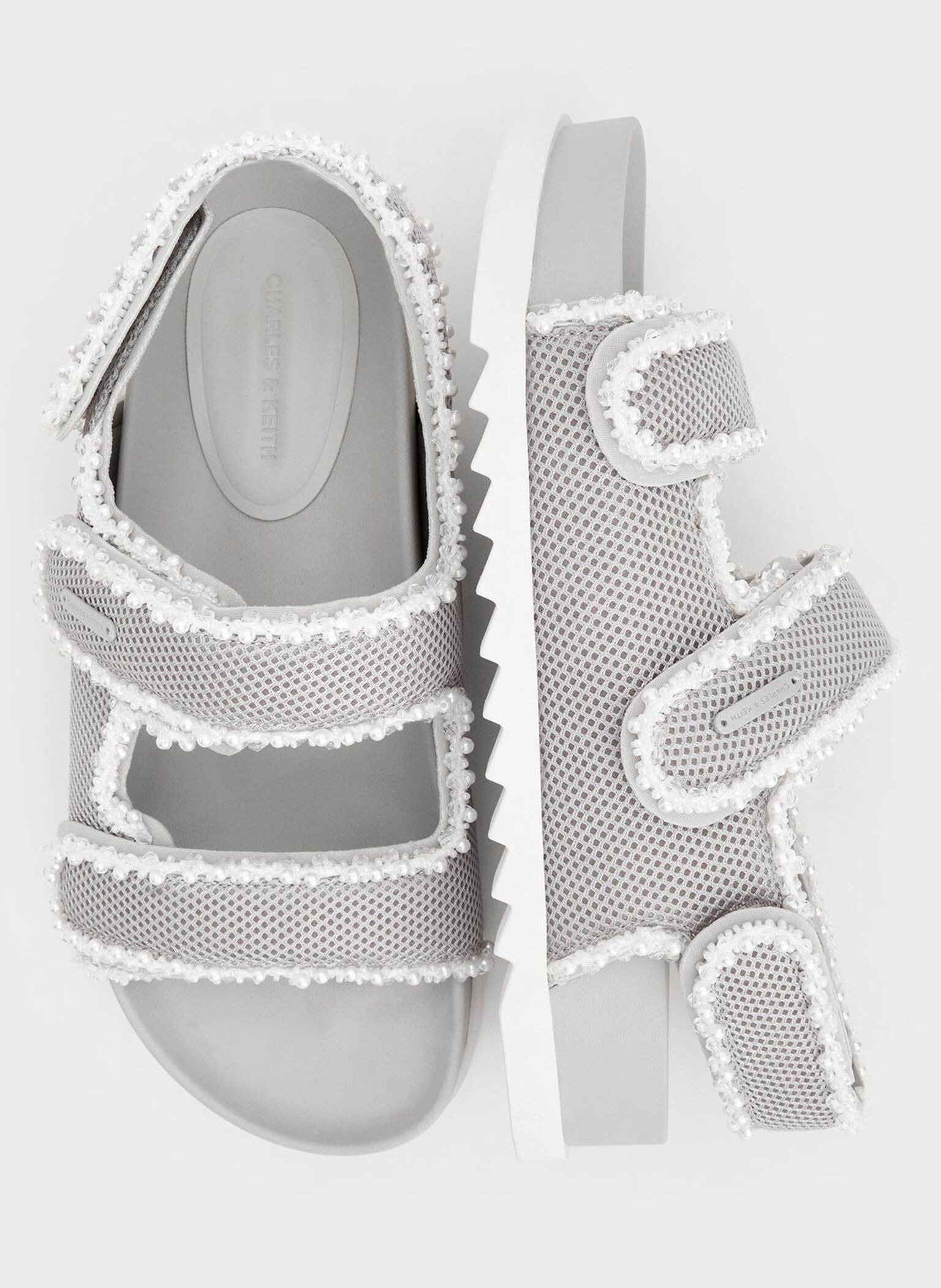Mesh Pearl-Embellished Flatform Sandals, Silver, hi-res