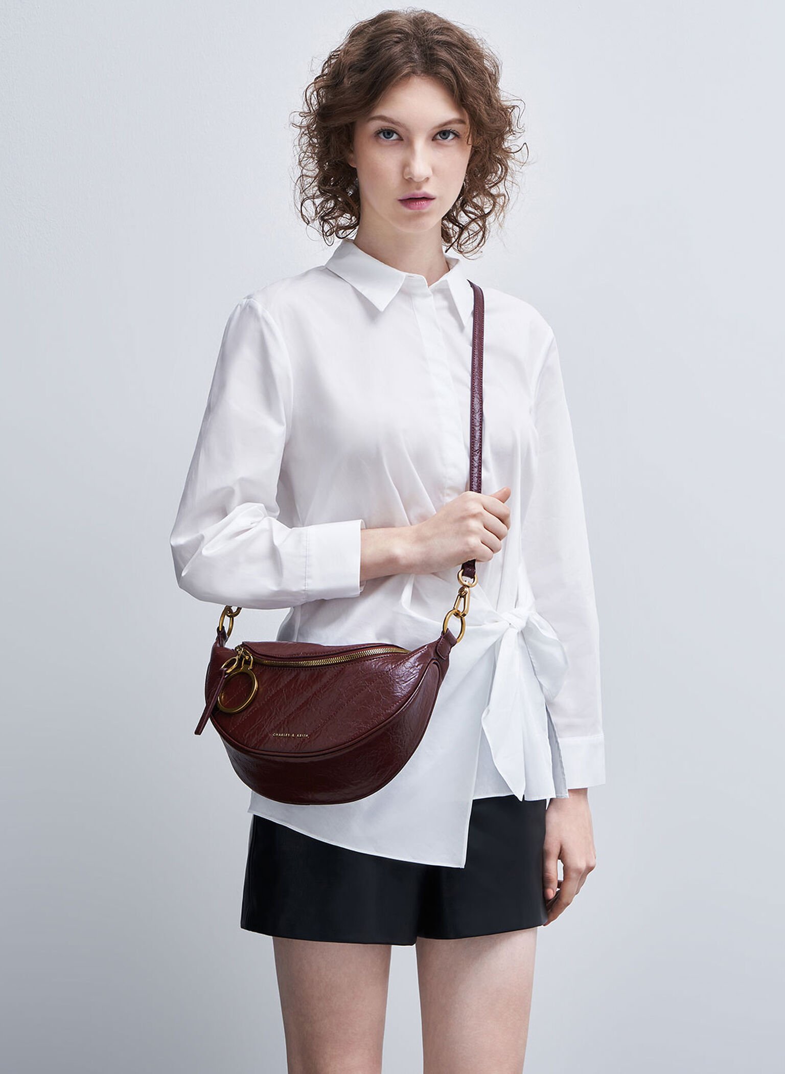 Philomena Wrinkled Effect Semi-Circle Crossbody Bag, Burgundy, hi-res