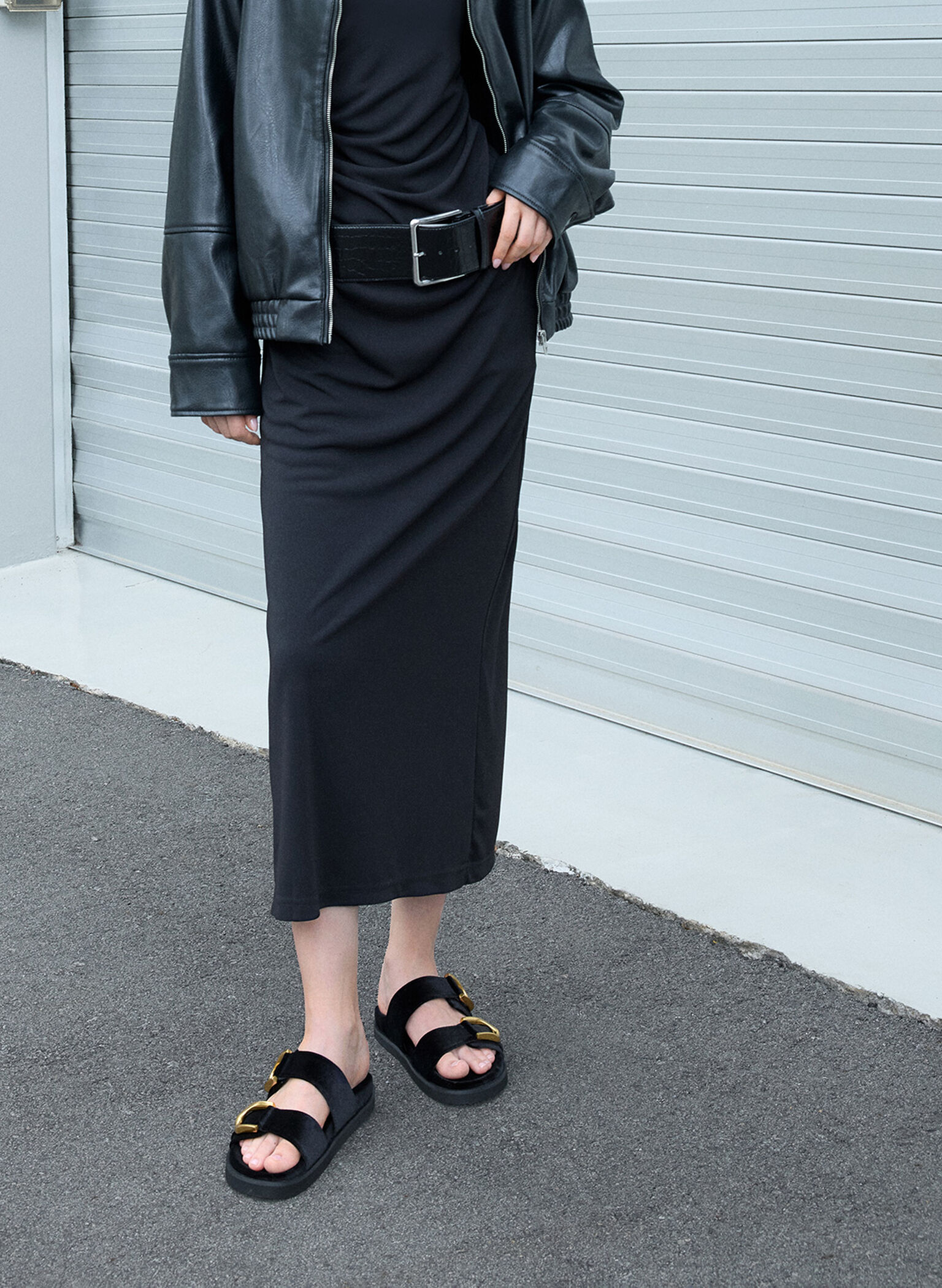 Gabine Velvet Buckle Sandals, Black Textured, hi-res