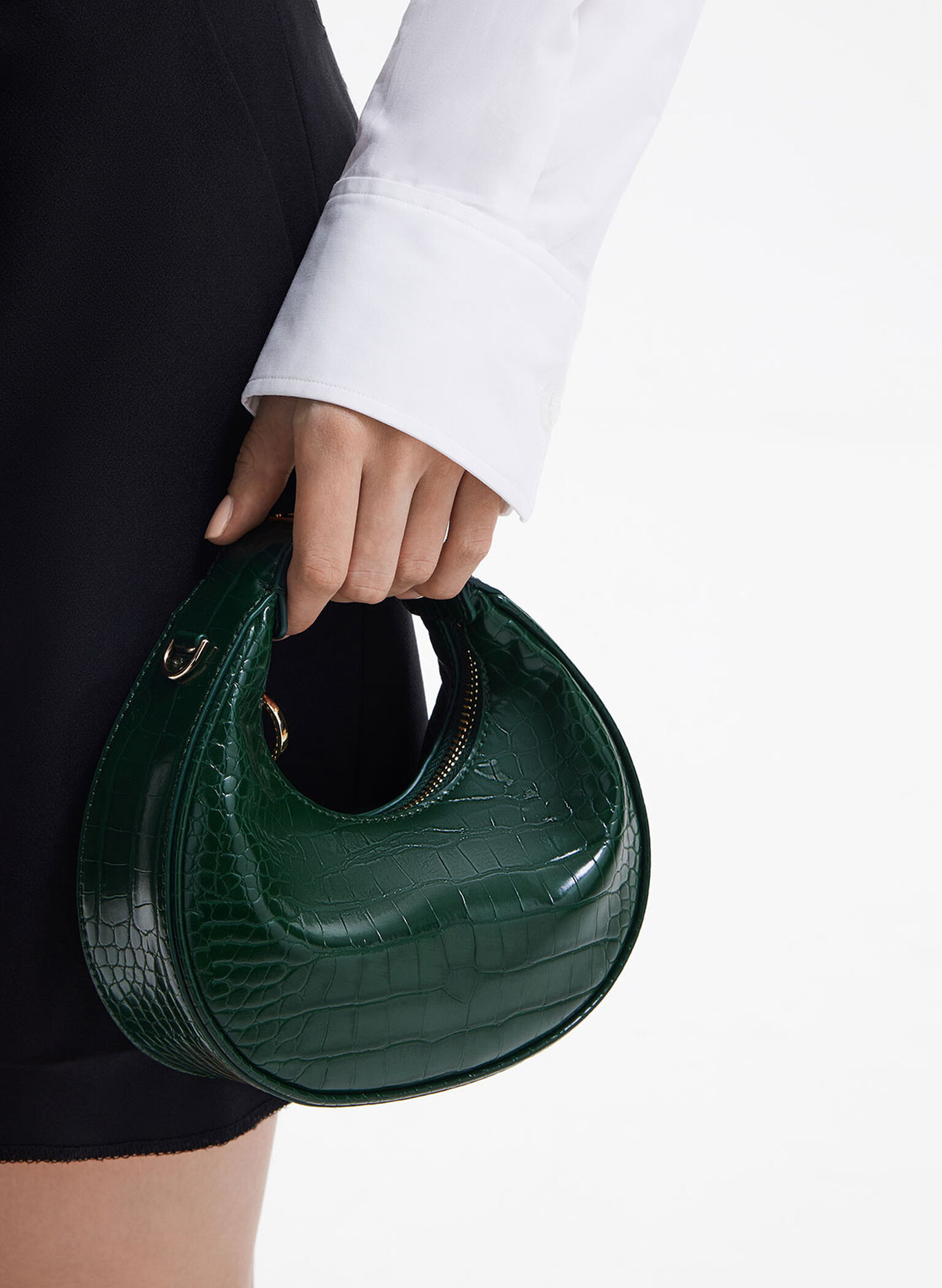 Mini Croc-Effect Moon Bag, Dark Green, hi-res