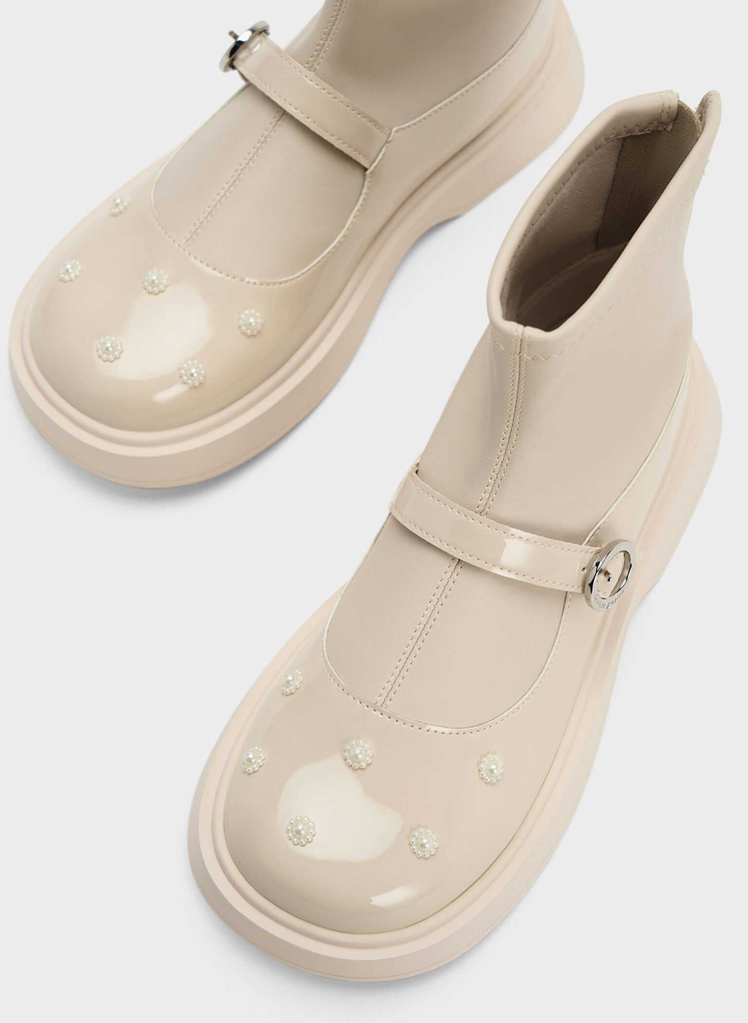 Girls' Patent Flower-Beaded Ankle Boots, Cream, hi-res