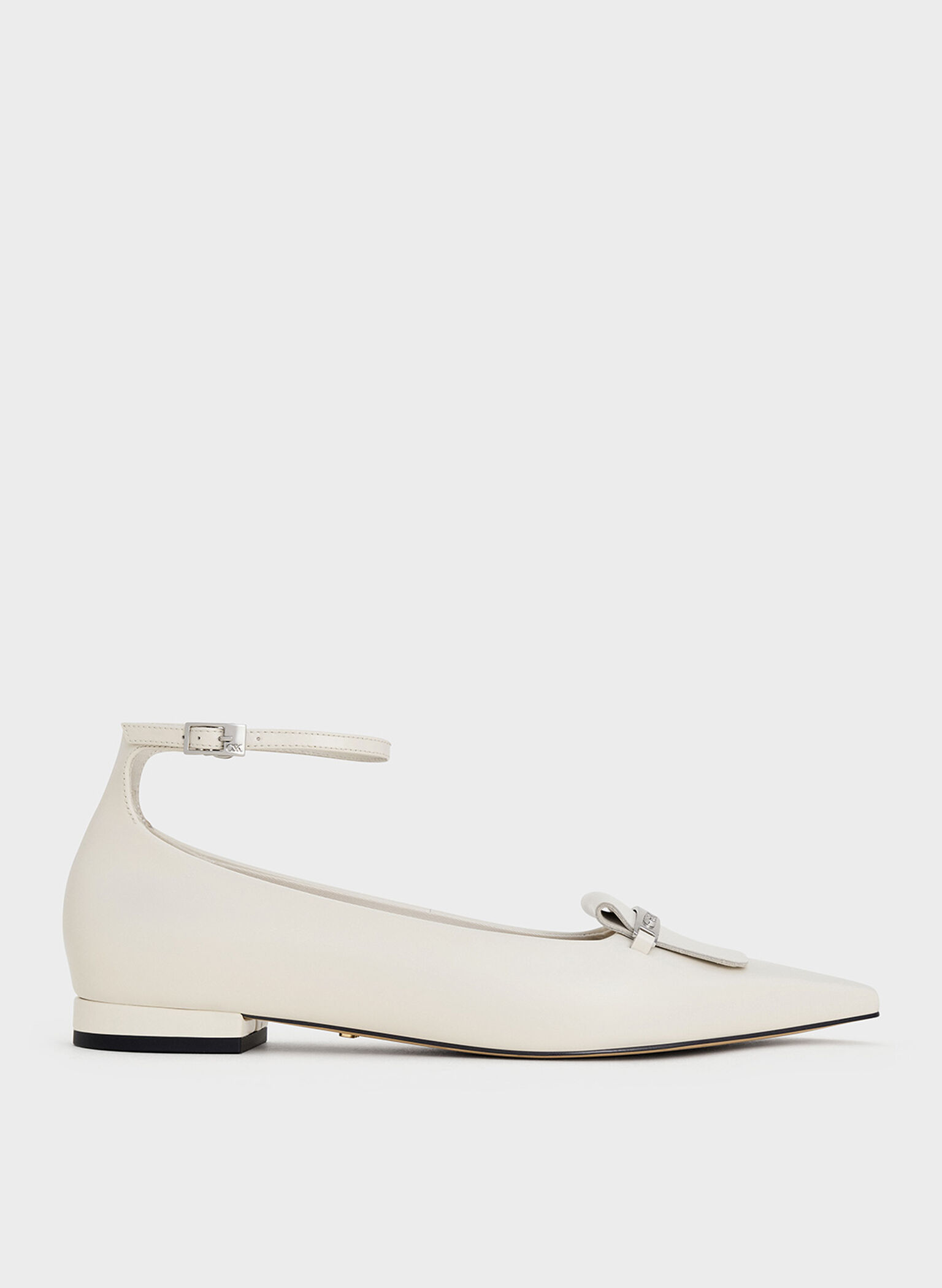 Leather Metallic-Accent Pointed-Toe Ankle-Strap Flats, Chalk, hi-res