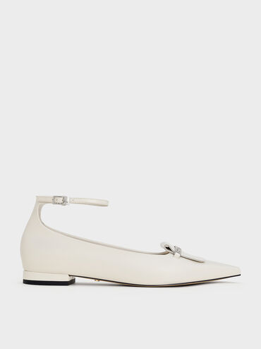 Leather Metallic-Accent Pointed-Toe Ankle-Strap Flats, Chalk, hi-res