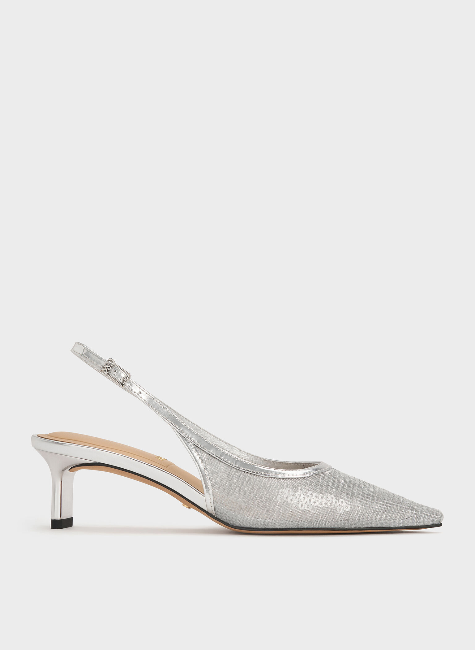 Sequin Mesh & Leather Slingback Kitten Heels, Silver, hi-res