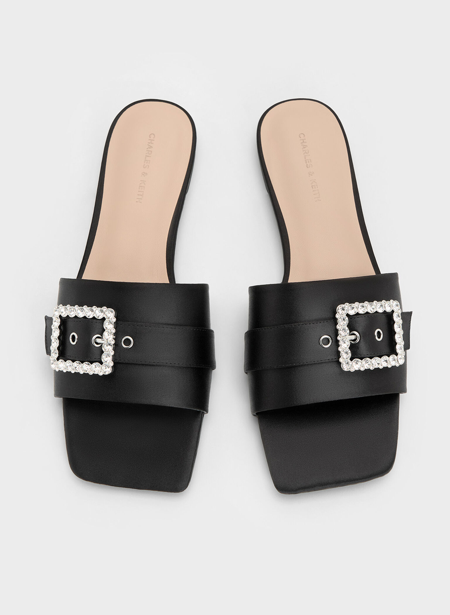 Satin Gem-Buckle Square-Toe Slide Sandals, Black Textured, hi-res