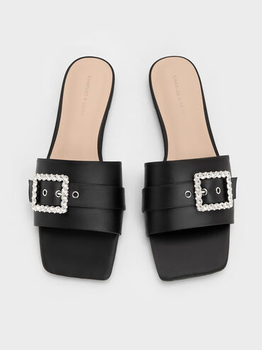 Satin Gem-Buckle Square-Toe Slide Sandals, Black Textured, hi-res