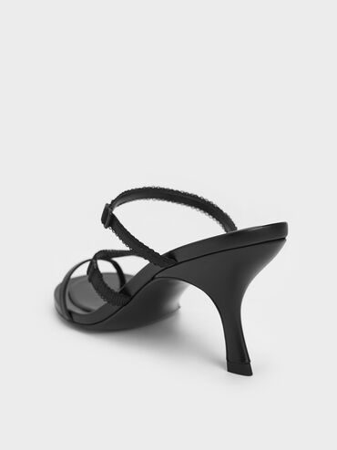 Strappy-Lace Thong Sandals, Black Textured, hi-res