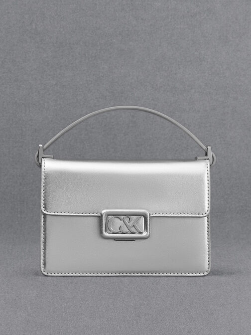 Leather Metallic Boxy Bag, Silver, hi-res