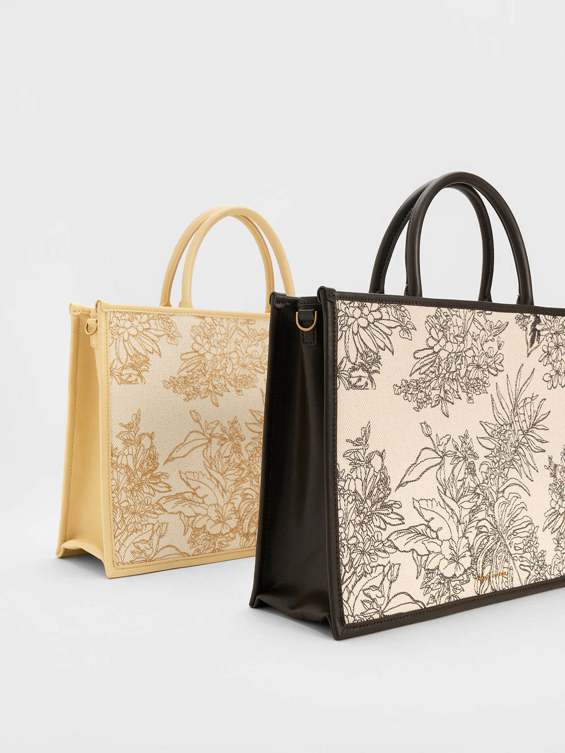 Beige Floral Illustrated Canvas Tote Bag CHARLES KEITH UK