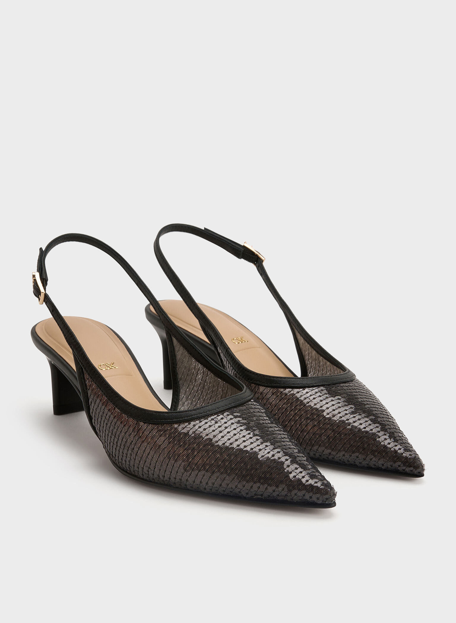 Sequin Mesh & Leather Slingback Kitten Heels, Black Textured, hi-res