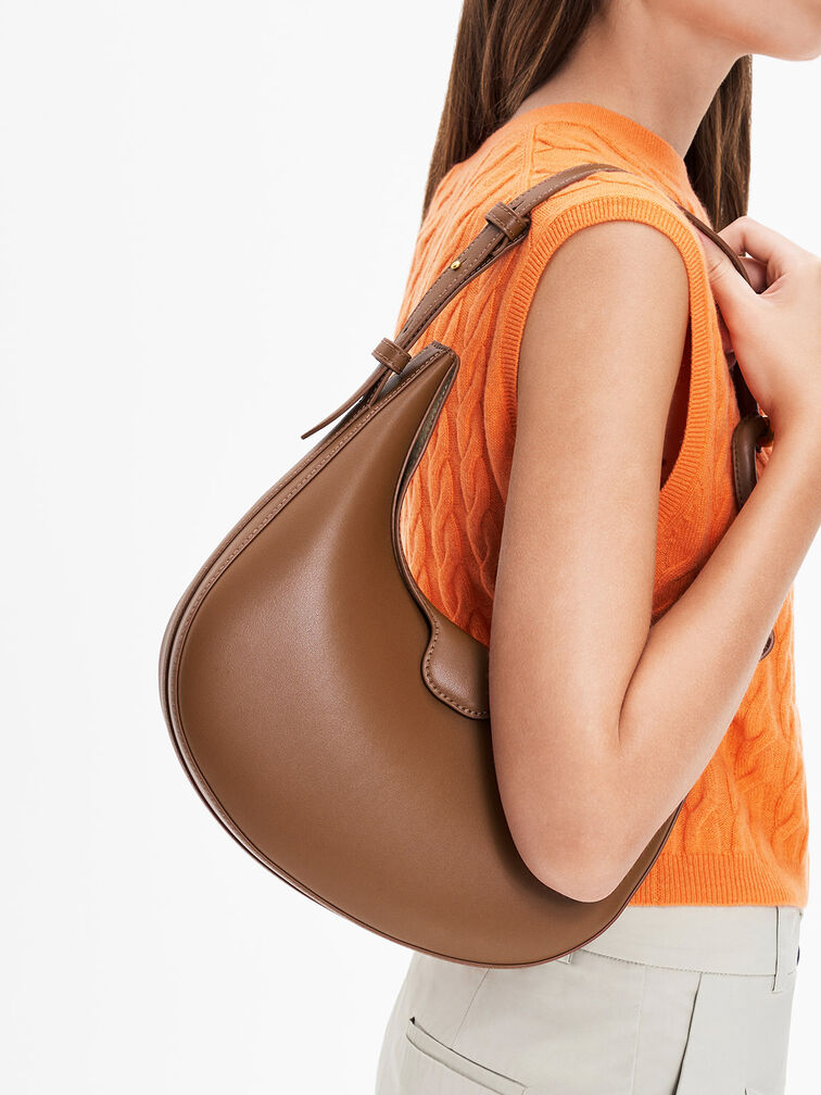 Chocolate Kora Metallic-Accent Moon Bag - CHARLES & KEITH UK