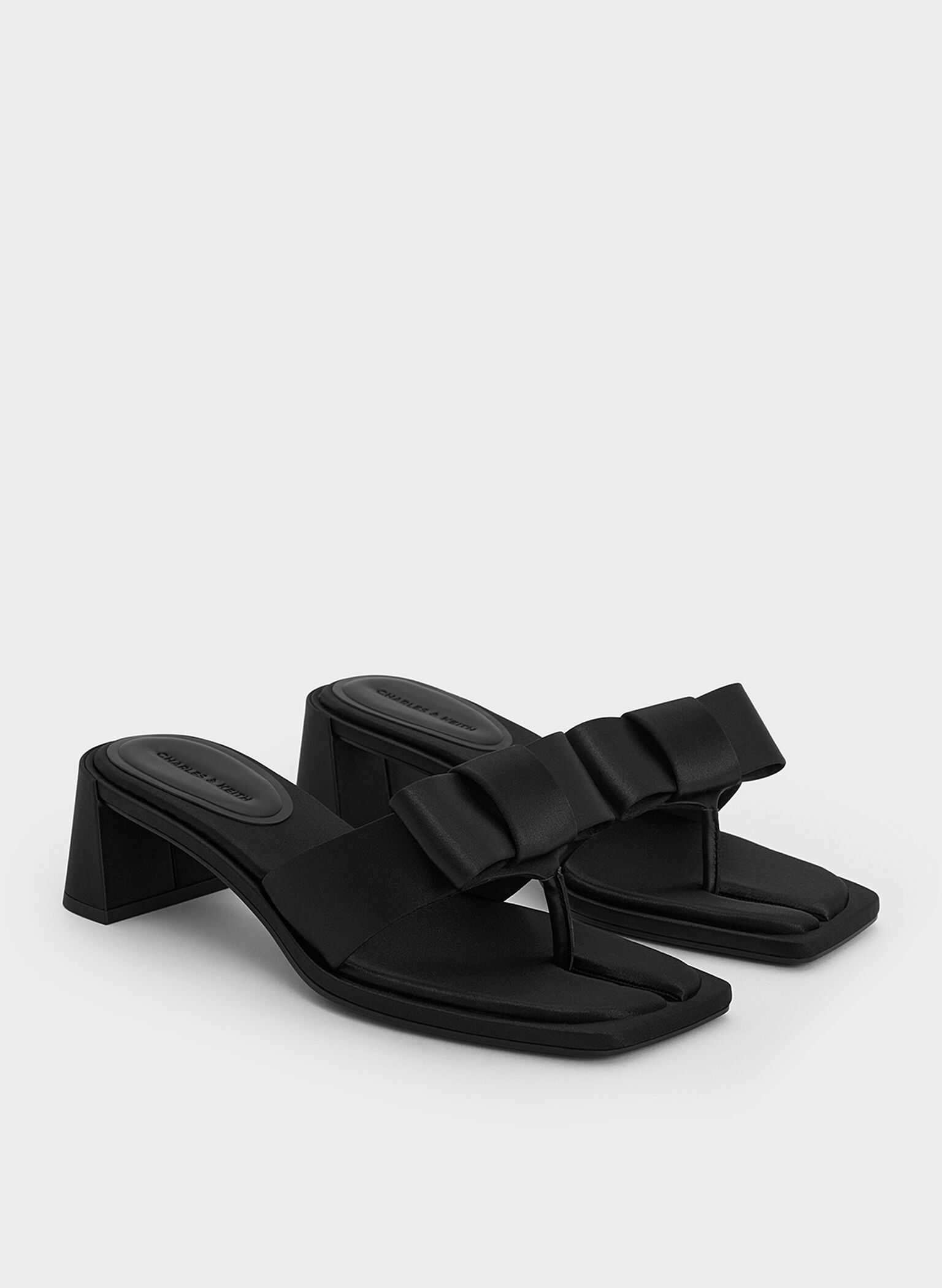 Satin Bow Heeled Thong Sandals, Black Textured, hi-res