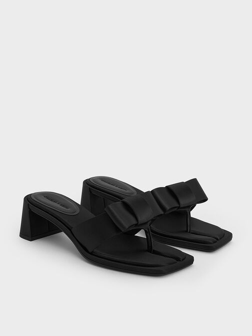 Satin Bow Heeled Thong Sandals, Black Textured, hi-res