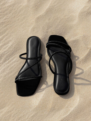 Satin Crystal-Embellished Strappy Sandals, Black Textured, hi-res
