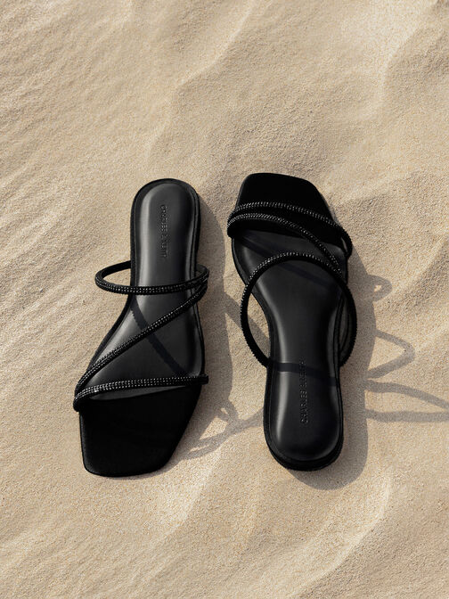 Satin Crystal-Embellished Strappy Sandals, Black Textured, hi-res