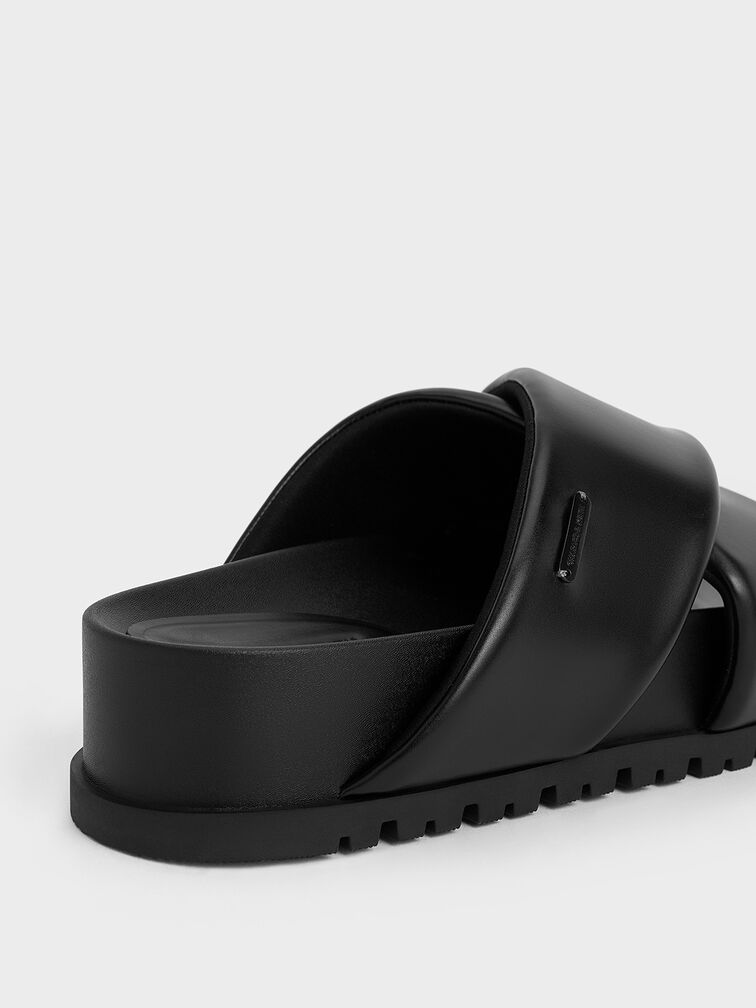 Crossover-Strap Flatform Sandals, Black, hi-res