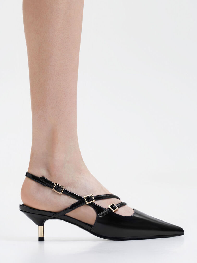 Patent Buckle-Strap Kitten Heel Slingback Pumps, Black Patent, hi-res