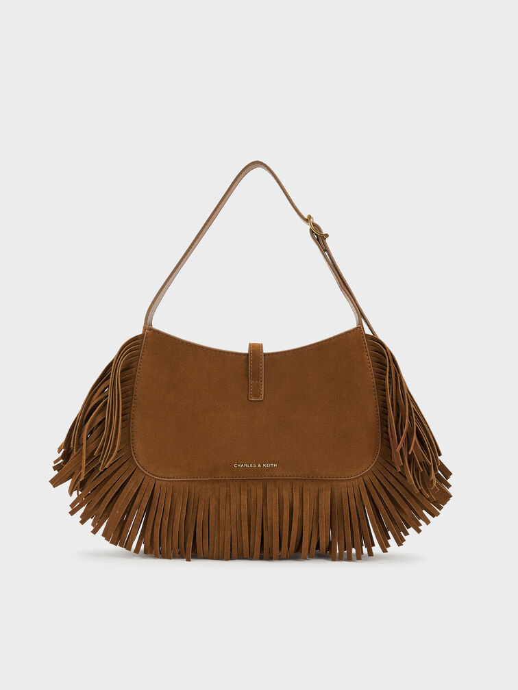 Cesia Recycled Suede Metallic-Accent Fringed Shoulder Bag, Sienna Brown, hi-res