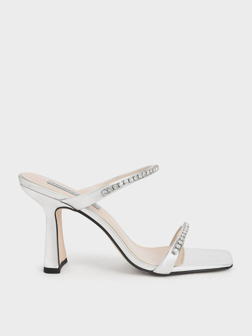 Metallic Gem-Encrusted Heeled Sandals, Silver, hi-res