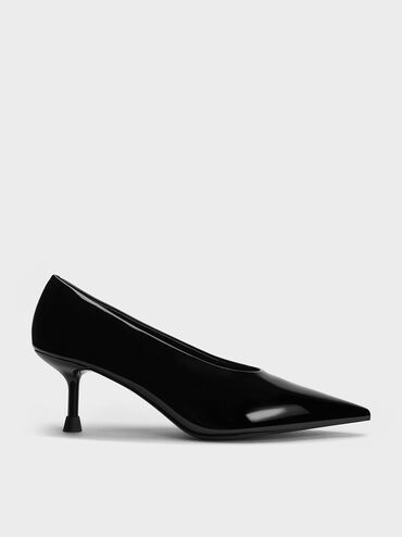 Patent Pointed-Toe Kitten-Heel Pumps, Black Patent, hi-res