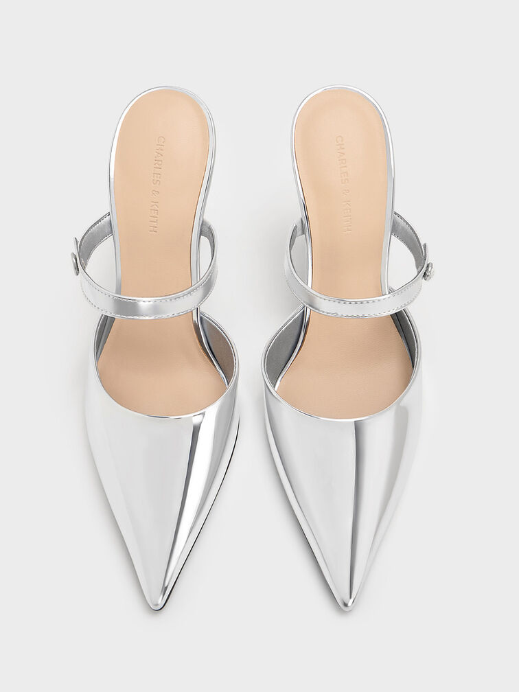 Silver Metallic Crystal-Accent Stiletto-Heel Mules - CHARLES 