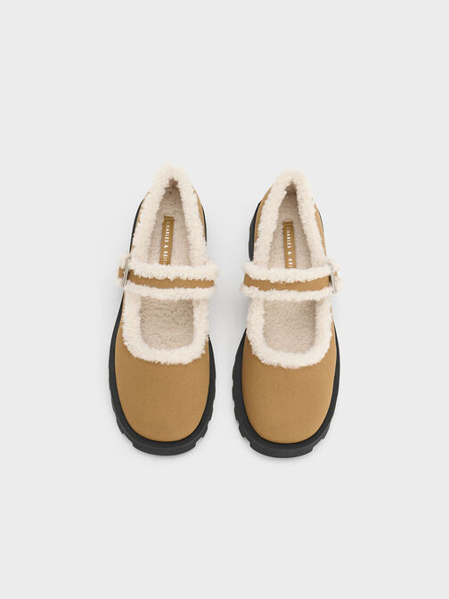 Textured Fur-Trim Buckled Mary Janes, Khaki, hi-res