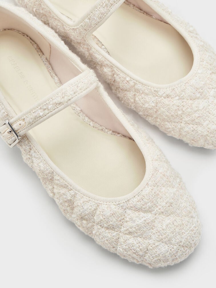 Carmel Tweed Quilted Buckled Mary Jane Flats, White, hi-res