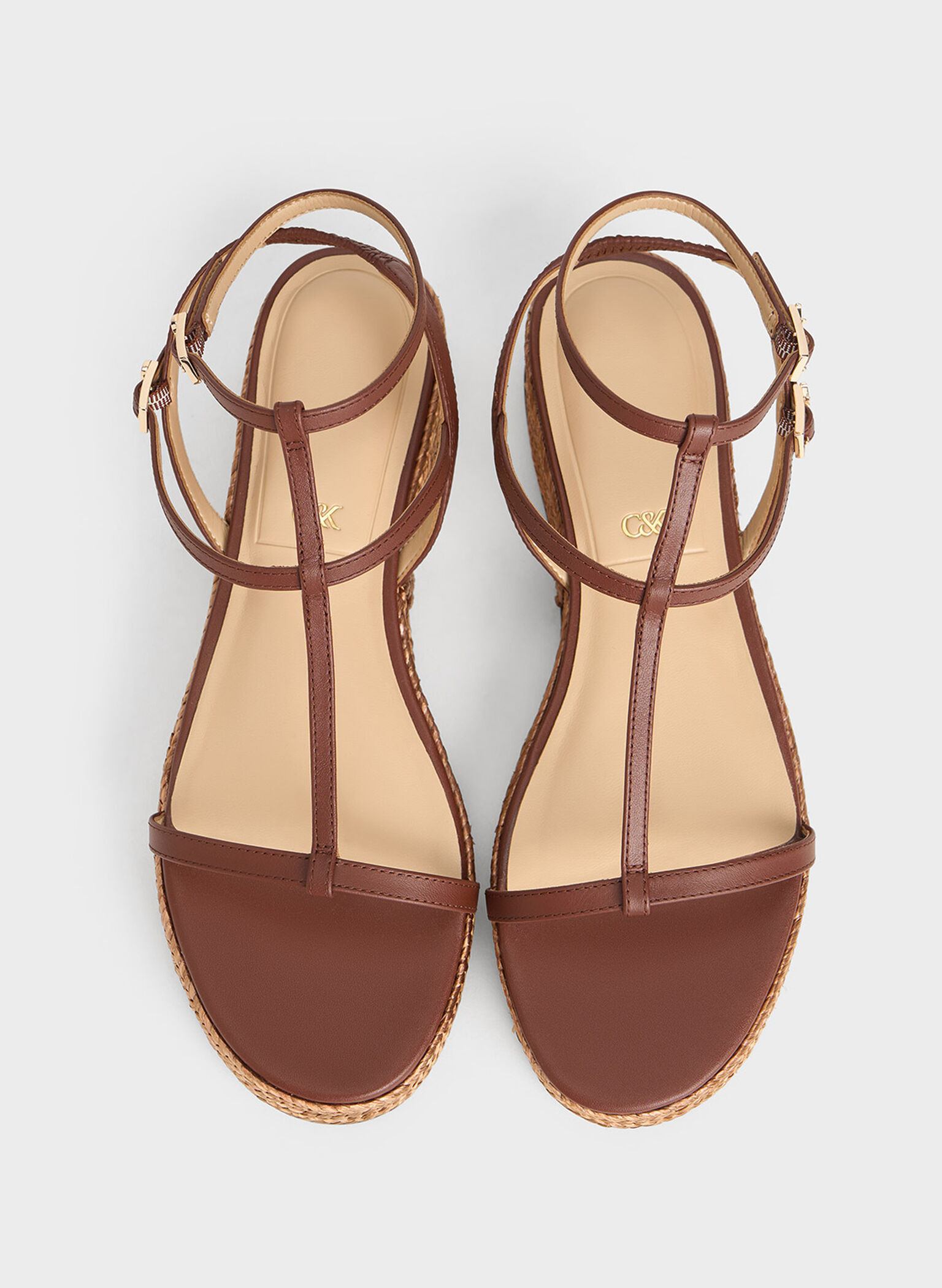 Leather T-Bar Espadrille Sandals, Brown, hi-res