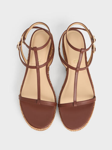 Leather T-Bar Espadrille Sandals, Brown, hi-res
