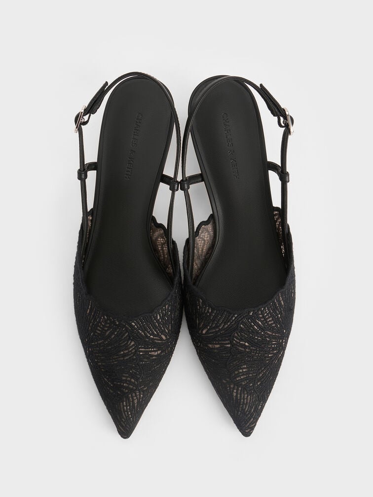 Crochet Floral Pointed-Toe Slingback Pumps, Black Textured, hi-res