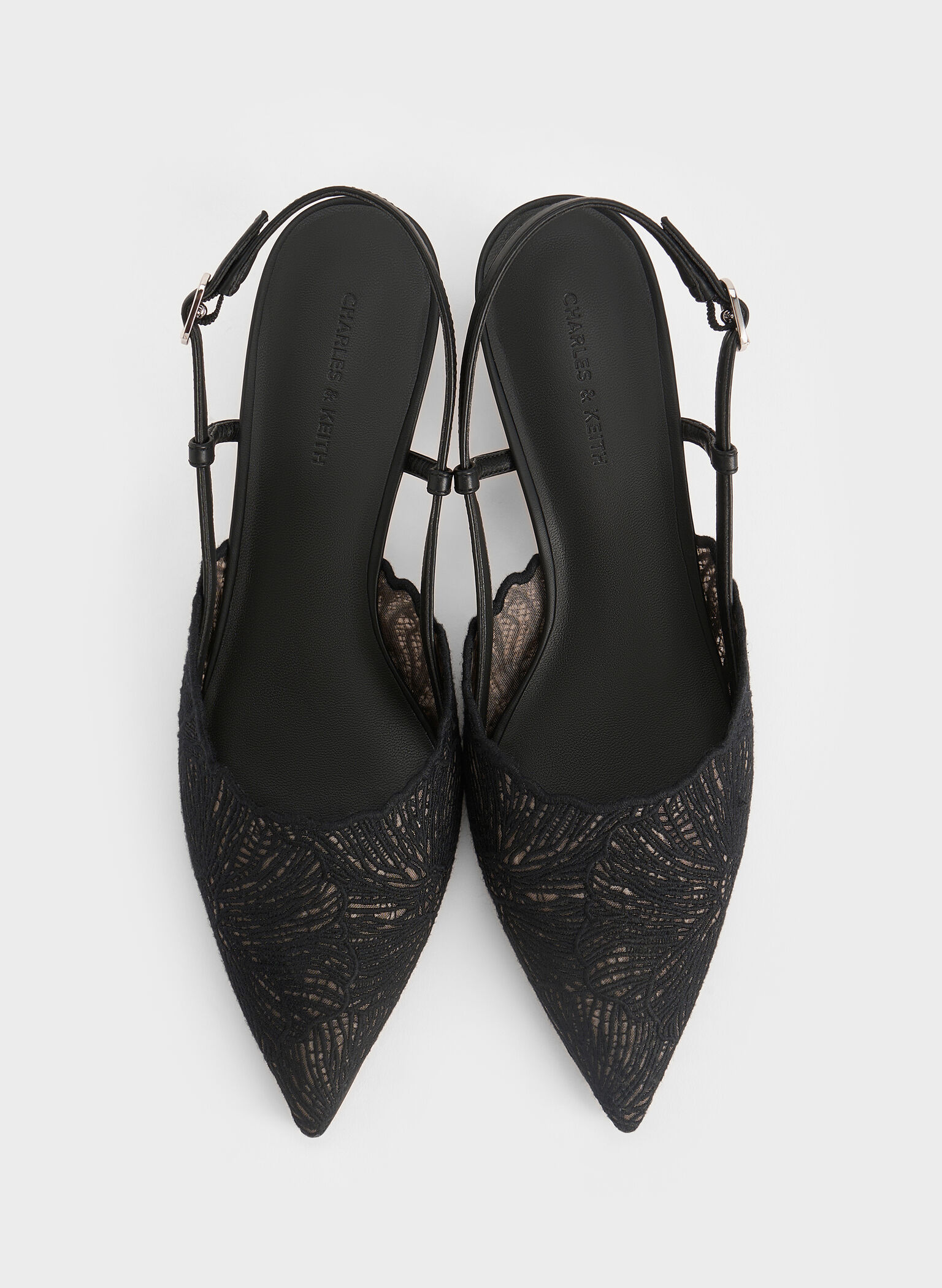 Crochet Floral Pointed-Toe Slingback Pumps, Black Textured, hi-res