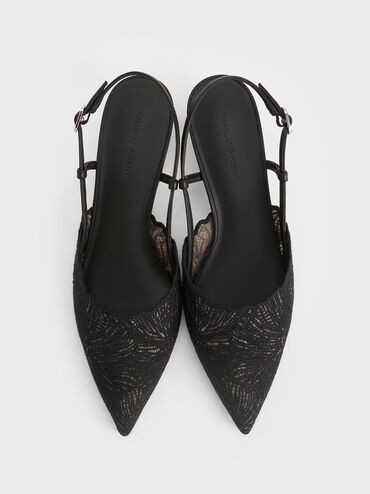 Crochet Floral Pointed-Toe Slingback Pumps, Black Textured, hi-res