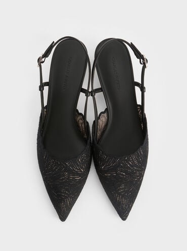 Crochet Floral Pointed-Toe Slingback Pumps, Black Textured, hi-res