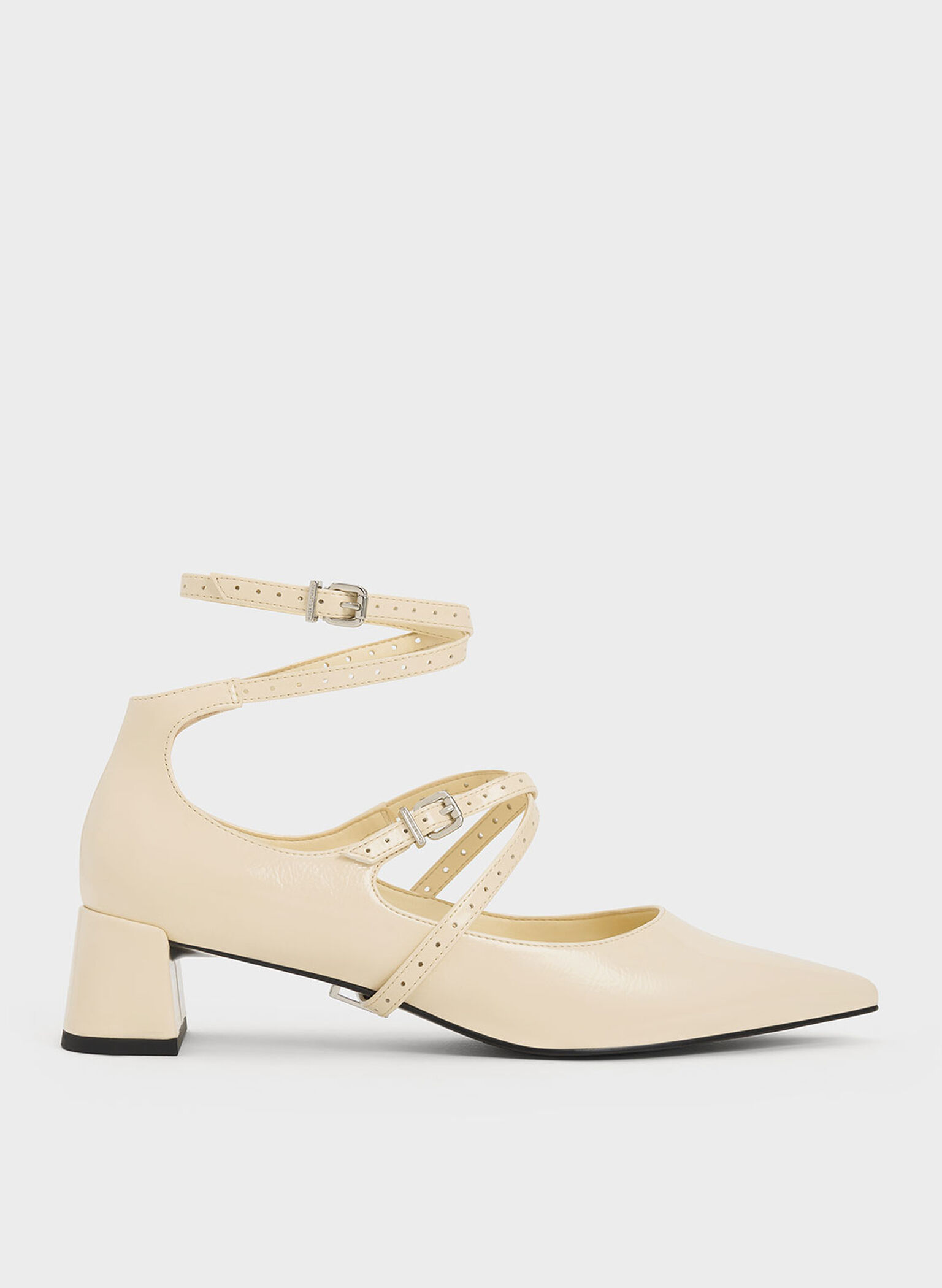 Crinkle-Effect Strappy Buckled Pumps, Beige, hi-res
