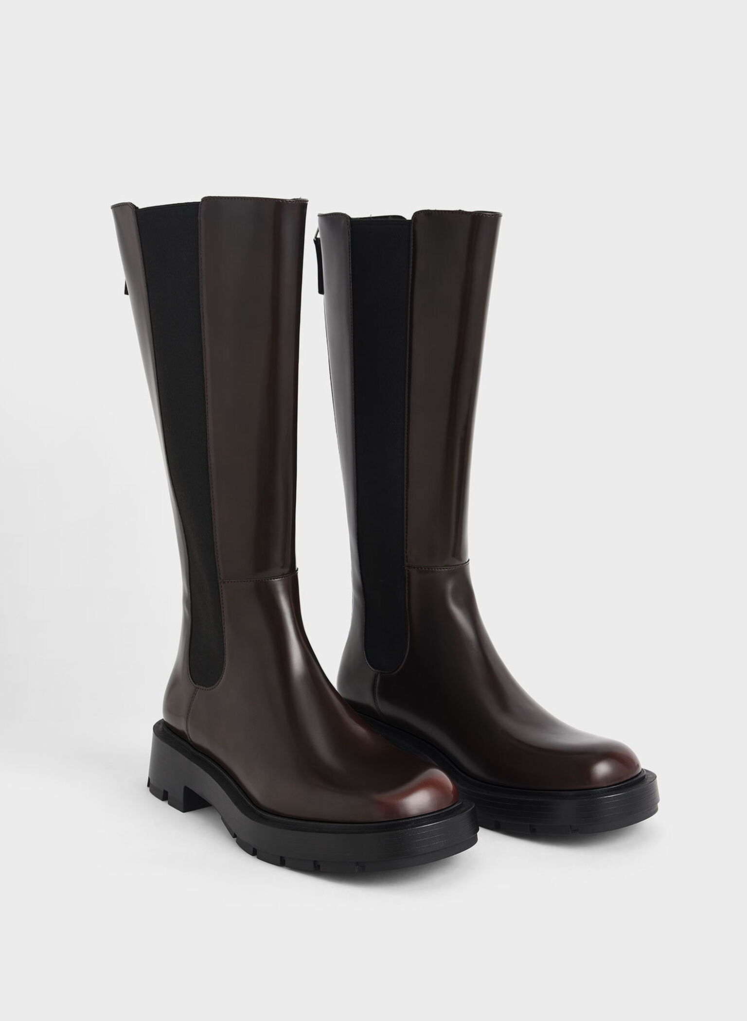 Zip-Up Chelsea Knee Boots, Dark Brown, hi-res