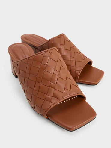 Woven Square-Toe Heeled Mules, Brown, hi-res