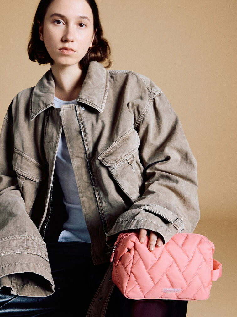 Nylon Chevron Pouch, Guava Pink, hi-res