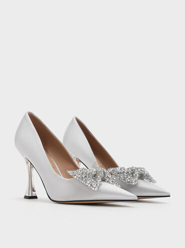 Recycled Polyester Beaded Bow Pumps, Silver, hi-res